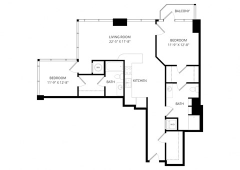 Floor plan for 2 beds, 2 baths, 1186 sqft